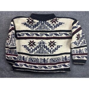 Rey Wear Wool Sweater Mens XL Cream Blue Hand Made Ecuador Geometric Knit 65440